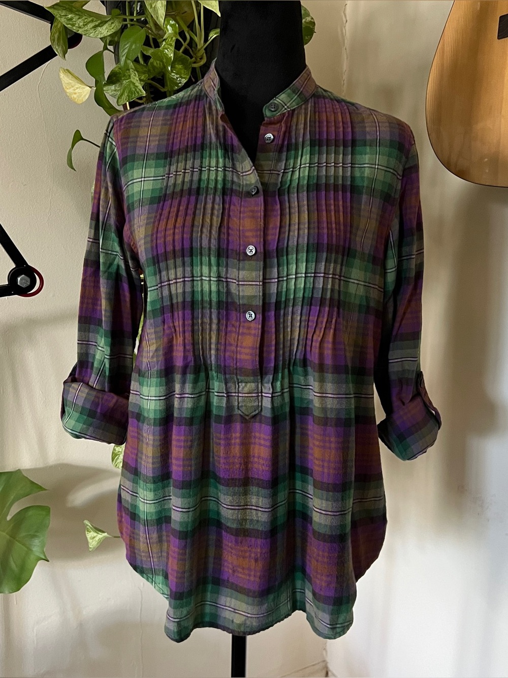 Lands End Purple Green Plaid Tunic Roll Tab Sleeves Size 4 Petite
